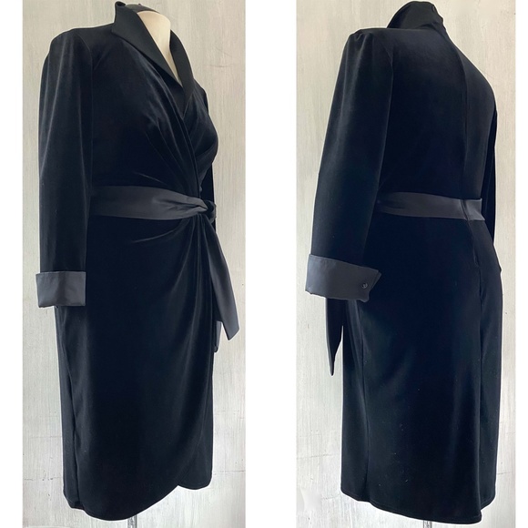 SOLD $$$ TADASHI SHOJI XL Black Velvet Faux Wrap Dress Satin Cuffs + Tie MINT - Picture 2 of 11